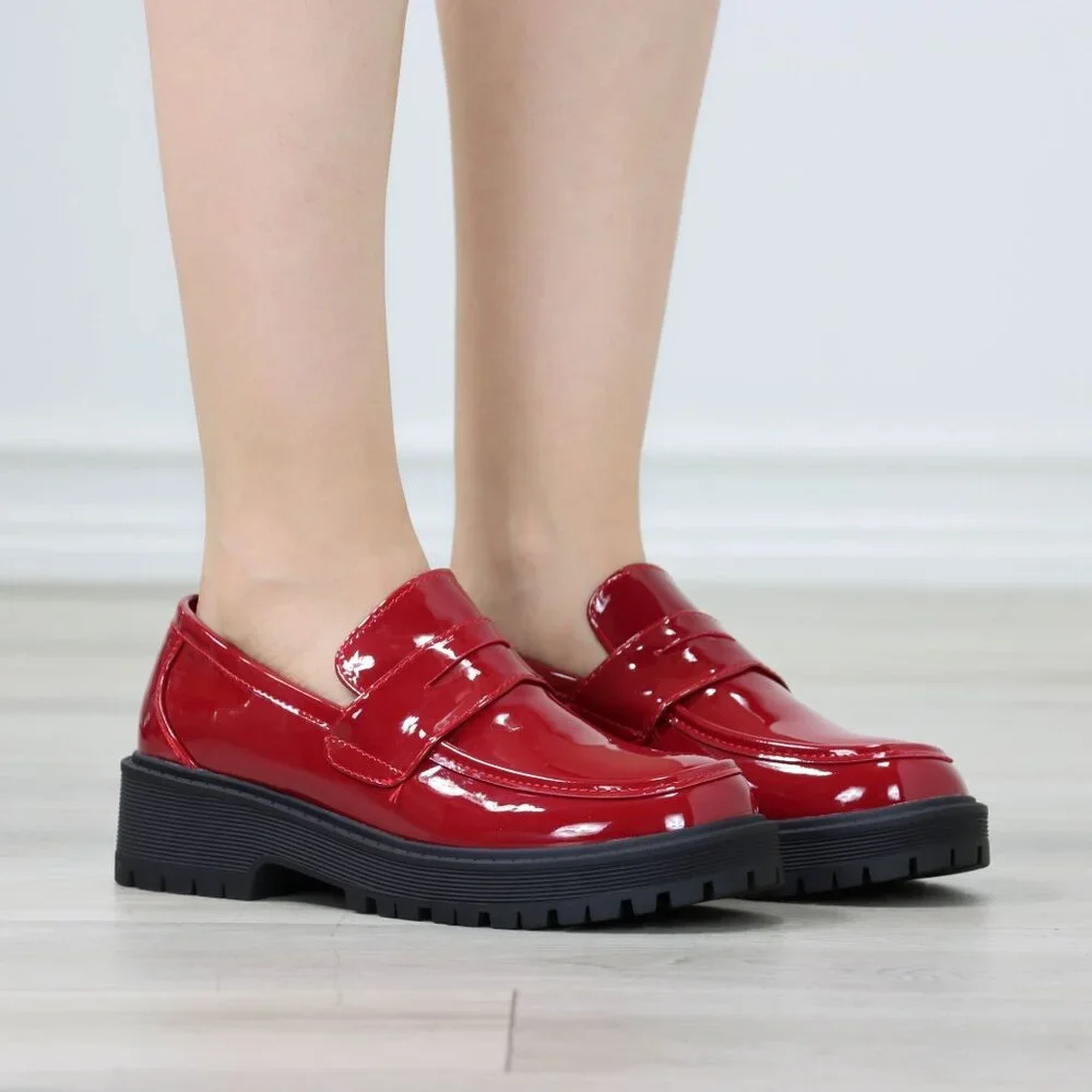 Womens Chunky Penny Loafer Lug Sole Slip On Platform Red Patent - Picture 12 of 16